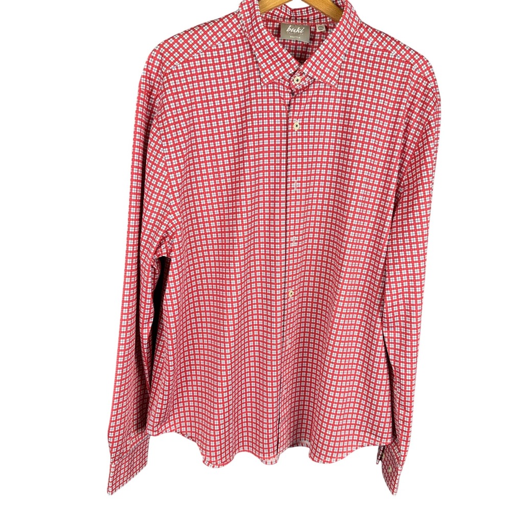 Buki Collection Seattle Mens XXL Red White Grid Check Performance Button Down